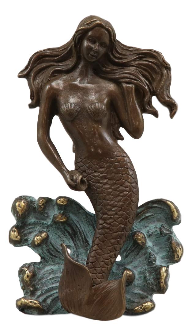Ebros Solid Brass Metal Hand Painted Bronze Color Nautical Siren Mermaid Surfing Above Sea Waves Door Knocker 6.75" High Decorative Coastal Ocean Goddess Sculpture
