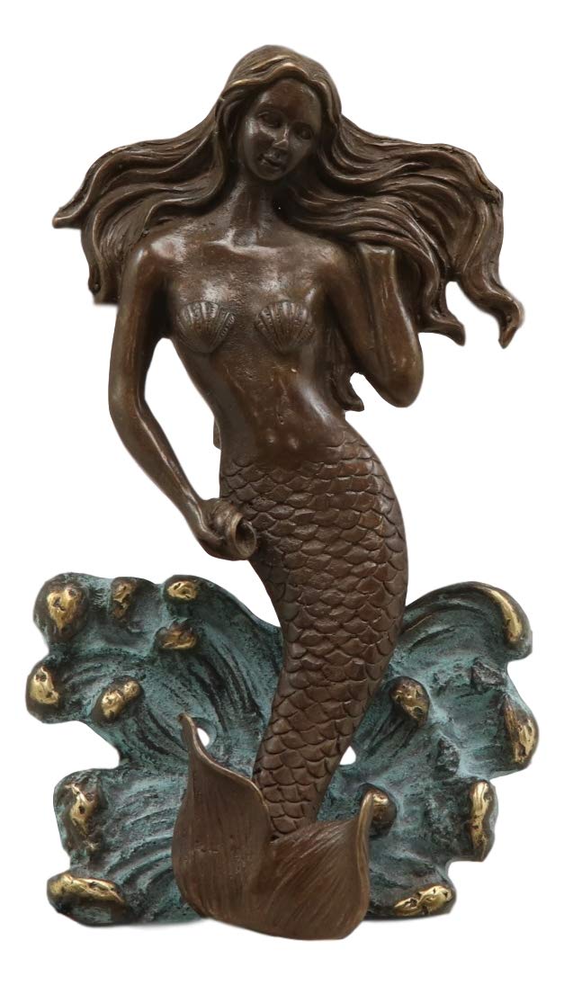 Ebros Solid Brass Metal Hand Painted Bronze Color Nautical Siren Mermaid Surfing Above Sea Waves Door Knocker 6.75" High Decorative Coastal Ocean Goddess Sculpture