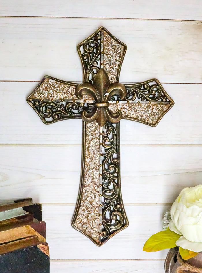 Ebros Southwest Fleur De Lis With Tuscan Scroll Art Wall Cross Plaque 14.25"H