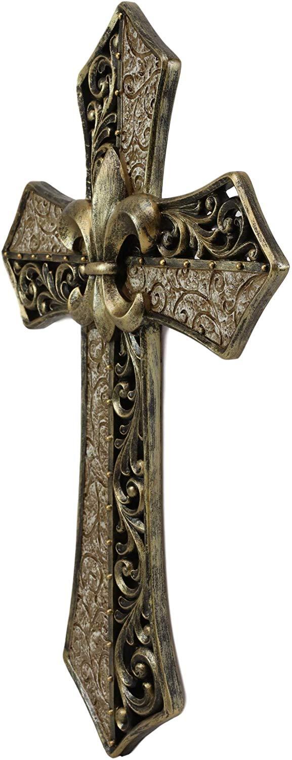 Ebros Southwest Fleur De Lis With Tuscan Scroll Art Wall Cross Plaque 14.25"H