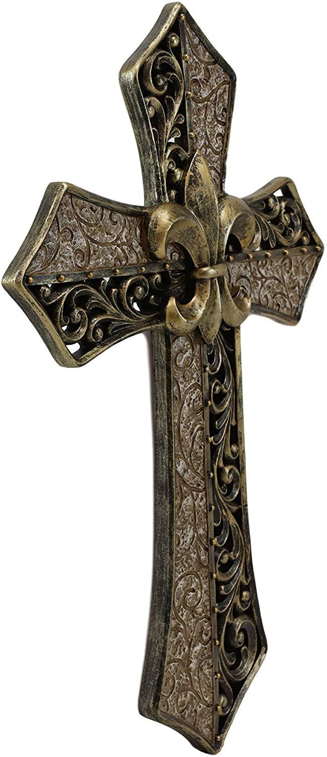Ebros Southwest Fleur De Lis With Tuscan Scroll Art Wall Cross Plaque 14.25"H