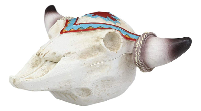 Ebros Southwest Western Steer Bull Cow Skull With Tribal Navajo Design Jewelry Box Figurine Accent 10.5" Long DOD Day Of The Dead Macabre Skulls Trinkets Keys Knick Knacks Coins Storage Container