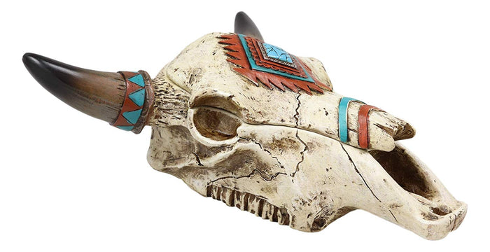 Ebros Southwest Western Steer Bull Cow Skull With Turquoise Diamond Design Jewelry Box Figurine Accent 10.5" Long DOD Day Of The Dead Macabre Skulls Trinkets Keys Knick Knacks Coins Storage Container