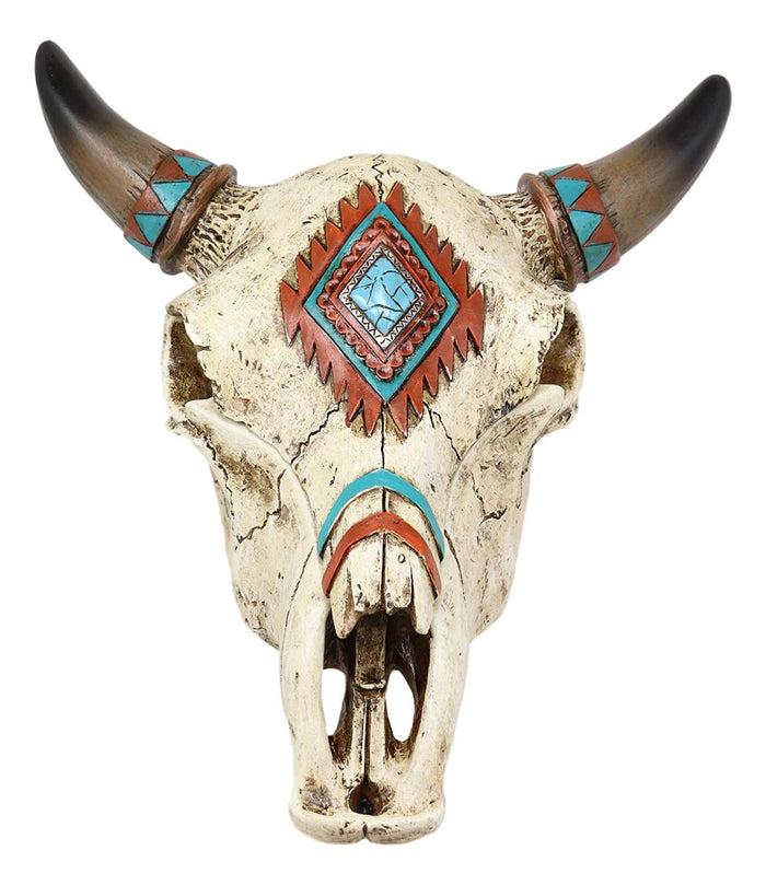 Ebros Southwest Western Steer Bull Cow Skull With Turquoise Diamond Design Jewelry Box Figurine Accent 10.5" Long DOD Day Of The Dead Macabre Skulls Trinkets Keys Knick Knacks Coins Storage Container