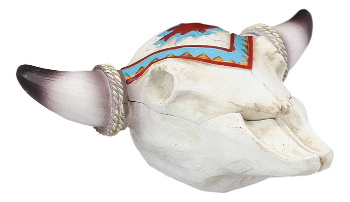 Ebros Southwest Western Steer Bull Cow Skull With Tribal Navajo Design Jewelry Box Figurine Accent 10.5" Long DOD Day Of The Dead Macabre Skulls Trinkets Keys Knick Knacks Coins Storage Container