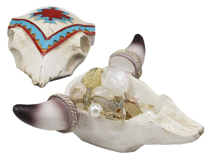 Ebros Southwest Western Steer Bull Cow Skull With Tribal Navajo Design Jewelry Box Figurine Accent 10.5" Long DOD Day Of The Dead Macabre Skulls Trinkets Keys Knick Knacks Coins Storage Container