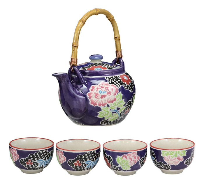 Ebros Space Purple Victorian Colorful Large Floral Blooms 25oz Tea Pot With 4 Cups Set