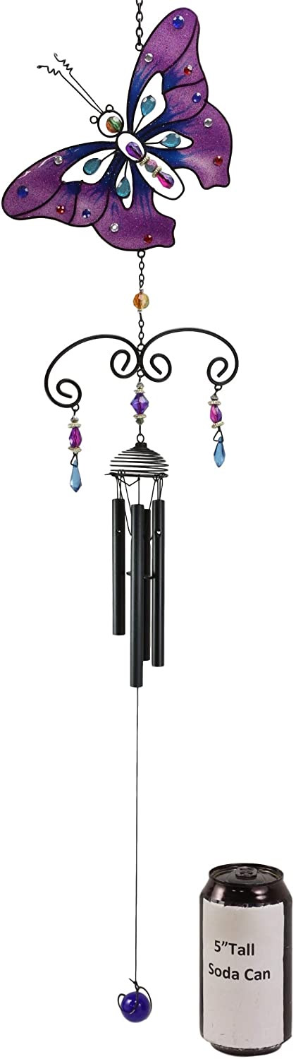 Ebros Stained Glass Purple Butterfly With Gems And Copper Wind Chime 34" Long