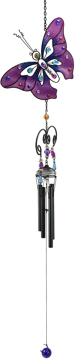 Ebros Stained Glass Purple Butterfly With Gems And Copper Wind Chime 34" Long