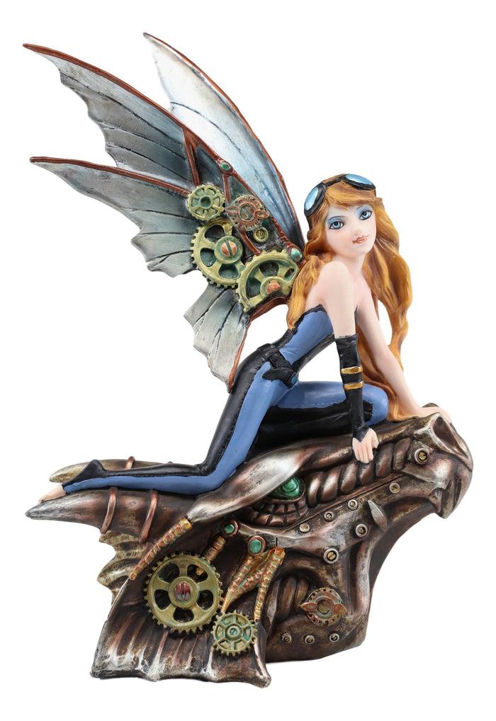 Ebros Steampunk Gearwork Pilot Fairy On Mechanical Cyborg Dragon Head Statue