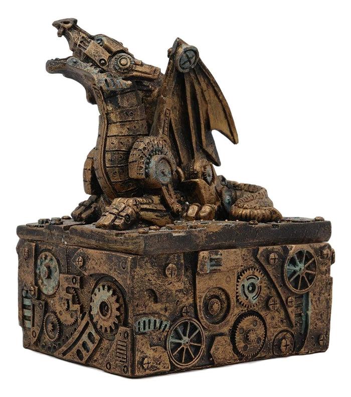Ebros Steampunk Roaring Dragon Faux Bronze Trinket Jewelry Box Vintage Style Cyborg Robotic Dragons Gearwork Clockwork Sculpted Decorative Boxes