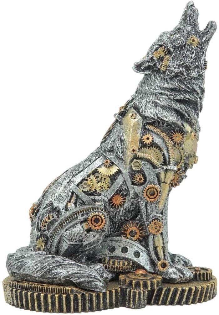 Ebros Steampunk Silver Alpha Wolf Howling Statue With Gears Base 7.5"H Figurine