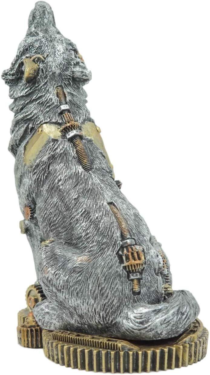 Ebros Steampunk Silver Alpha Wolf Howling Statue With Gears Base 7.5"H Figurine