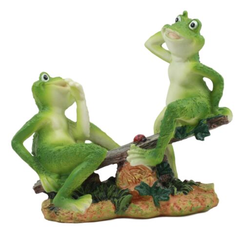 Ebros Summer Fun Cottage Garden Whimsical Frogs Sitting On Seesaw With Ladybug Statue 7.75" Long Collectible For Frog Toad Lovers As Home Decorative