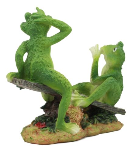 Ebros Summer Fun Cottage Garden Whimsical Frogs Sitting On Seesaw With Ladybug Statue 7.75" Long Collectible For Frog Toad Lovers As Home Decorative