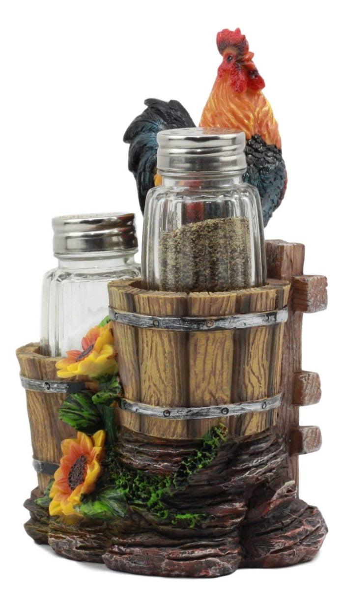 Ebros Sunflower Farm Crowing Rooster Standing On Fence By Old Fashioned Wooden Buckets Glass Salt And Pepper Shakers Holder Figurine 6.5"H Chicken Country Western Decorative Sculpture