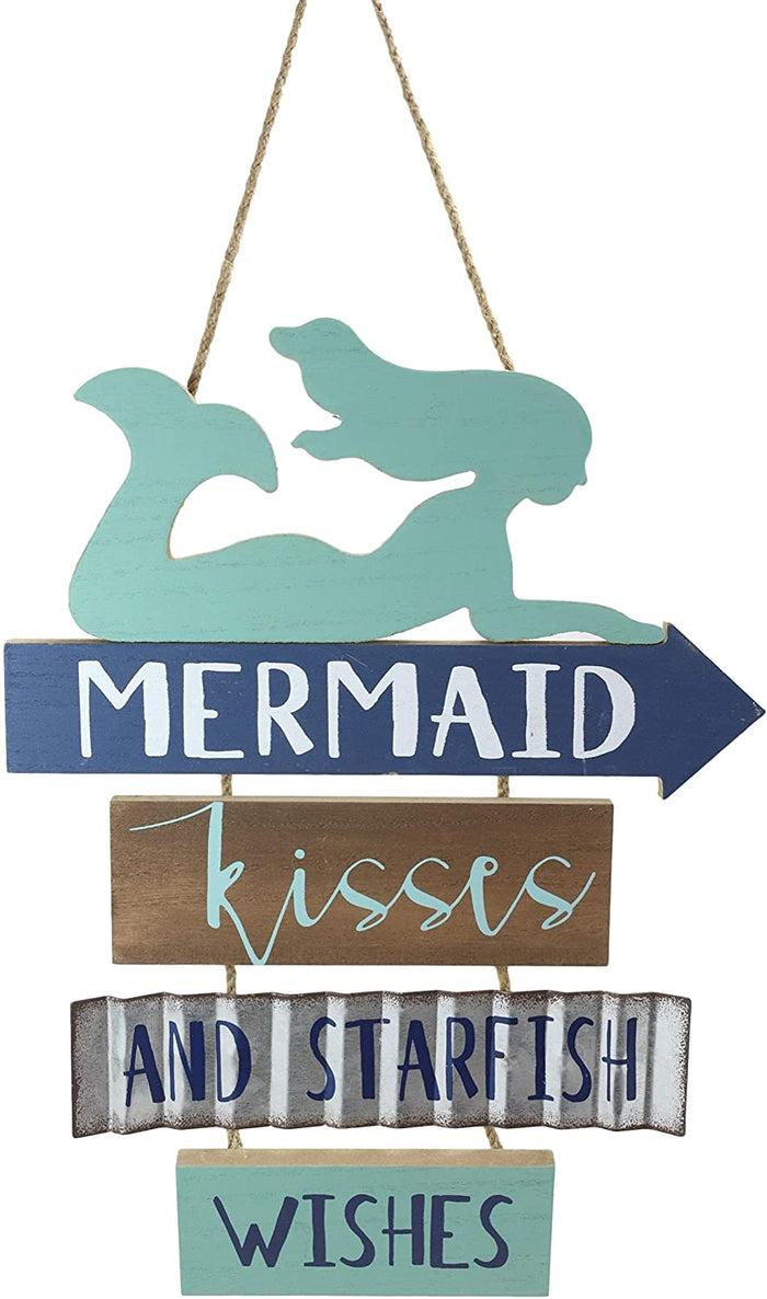 Ebros Teal Mermaid Wall Decor Sign Mermaid Kisses & Starfish Wishes Plaque 13"H