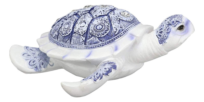 Ebros Terracotta Blue And White Feng Shui Celestial Sea Turtle Statue 6" Wide