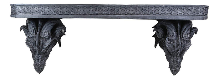 Ebros The Wolf Ram Medieval Dual Dragons Stoic Faux Stone Wall Hanging Floating Shelf With Celtic Knotwork Patterns 37.5" Long Fantasy Dungeons And Dragon Themed Structural Decor