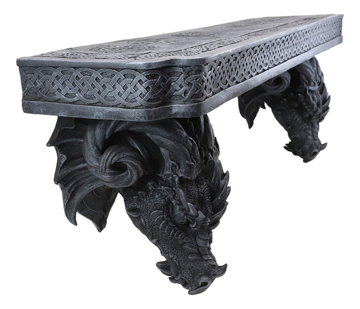 Ebros The Wolf Ram Medieval Dual Dragons Stoic Faux Stone Wall Hanging Floating Shelf With Celtic Knotwork Patterns 37.5" Long Fantasy Dungeons And Dragon Themed Structural Decor