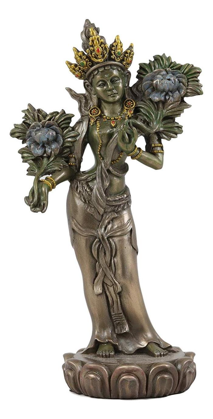 Ebros Tibetan Buddhism Arya Khadiravani Green Tara With Utpala Flowers Statue 8.25" Tall