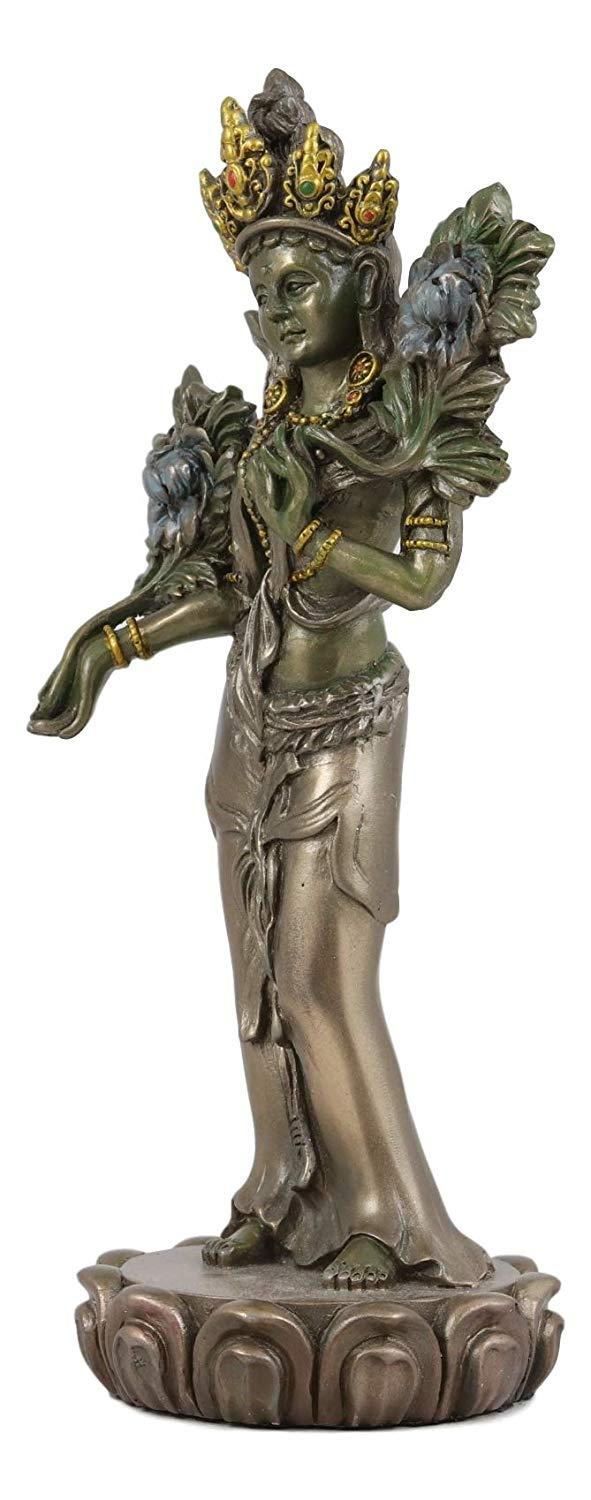 Ebros Tibetan Buddhism Arya Khadiravani Green Tara with Utpala Flowers Statue 8.25" Tall