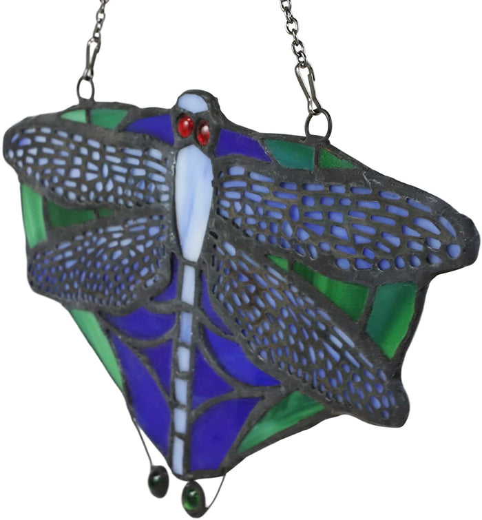 Ebros Tiffany 7.25" W Dragonfly Insect Suncatcher Stained Glass Art Panel Wall