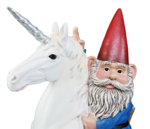 Ebros Toadstool Gnome Riding Unicorn Statue 14"Tall Alexander & Bucephalus Pose