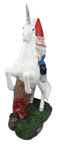 Ebros Toadstool Gnome Riding Unicorn Statue 14"Tall Alexander & Bucephalus Pose