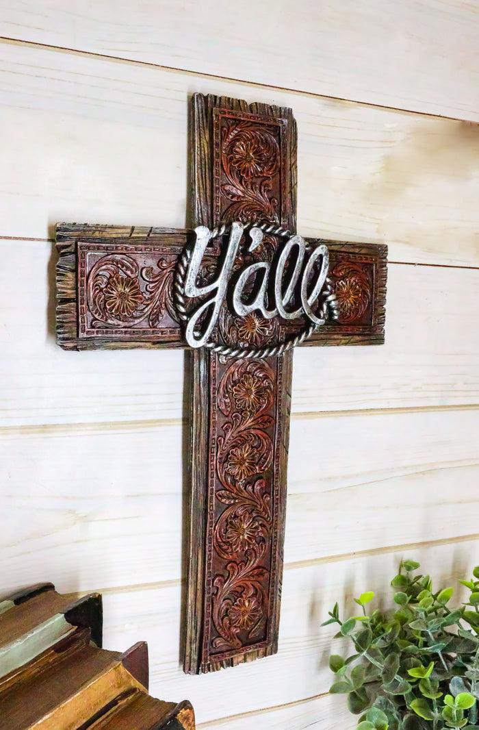 Ebros Tooled Red Floral Vines Design Southwestern Yall Wall Cross Decor 13.5" H