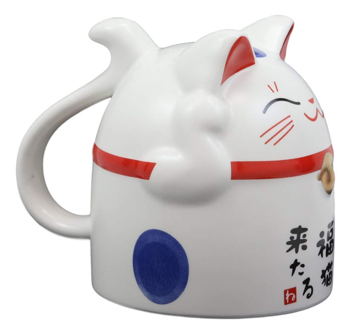 Ebros Topsy Turvy Lucky Cat Maneki Neko With Happiness Blue Dots Ceramic Coffee Mug