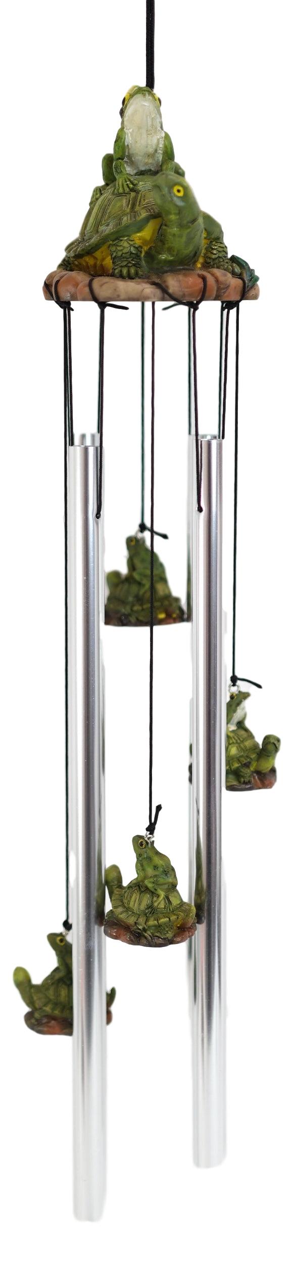 Ebros Tortoise Piggybacking Green Frog With Snail Garden Patio Wind Chime Decor