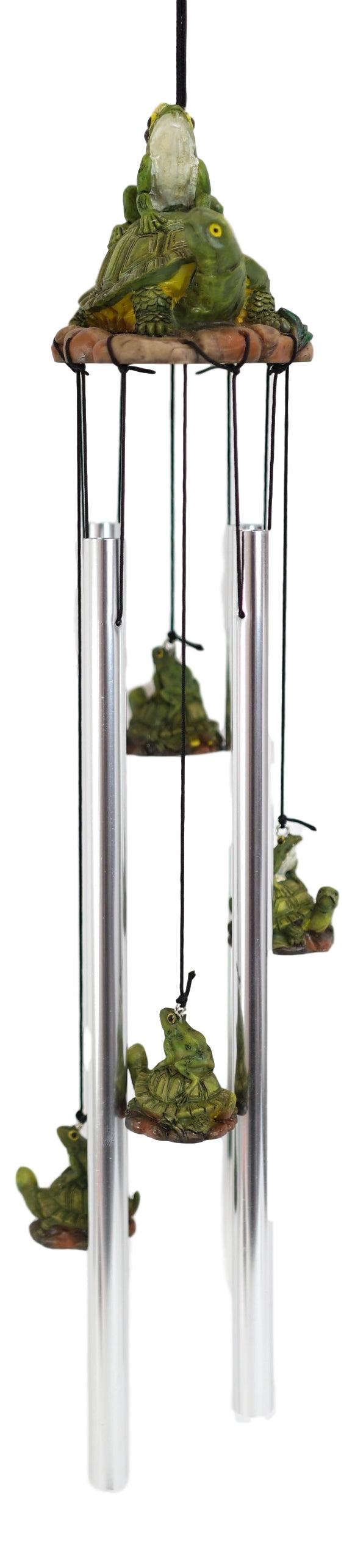Ebros Tortoise Piggybacking Green Frog With Snail Garden Patio Wind Chime Decor