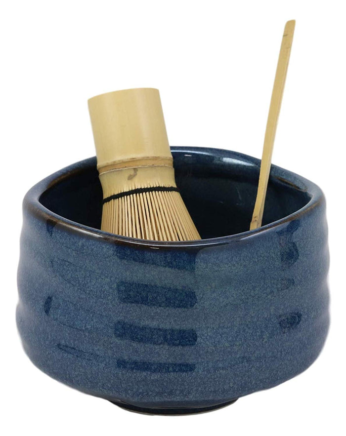 Ebros Traditional Japanese Glazed Ceramic Matcha Tea Bowl 21oz With Bamboo Whisk