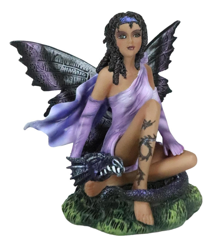 Ebros Tribal Ebony Moth Fairy With Baby Dragon Statue Black African Fairy 5"H