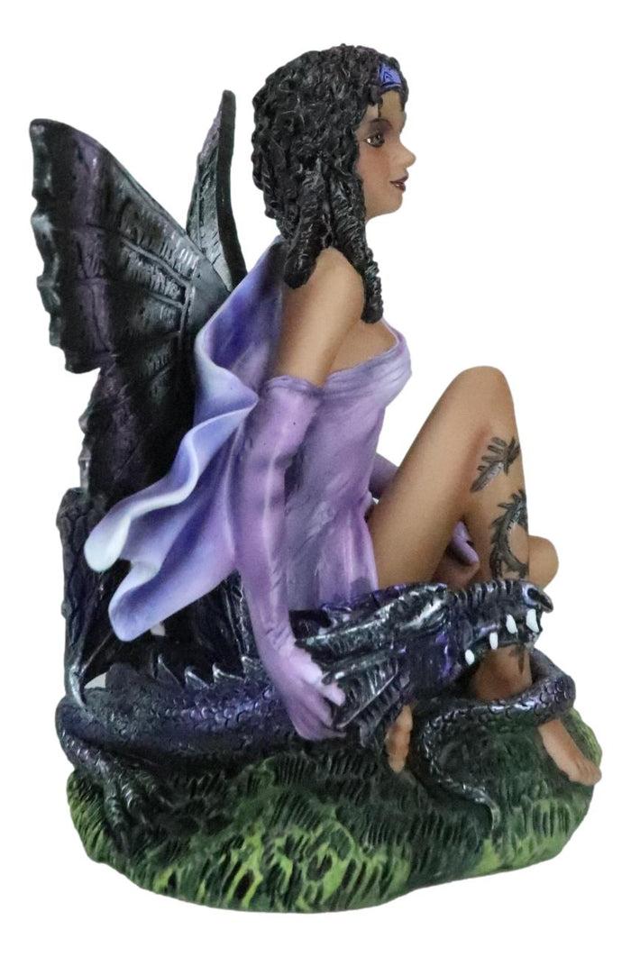 Ebros Tribal Ebony Moth Fairy With Baby Dragon Statue Black African Fairy 5"H