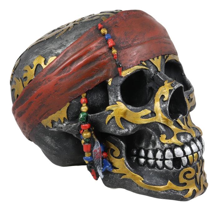 Ebros Tribal Gold Tattoo Pirate Skull With Red Bandana Statue Halloween Decor