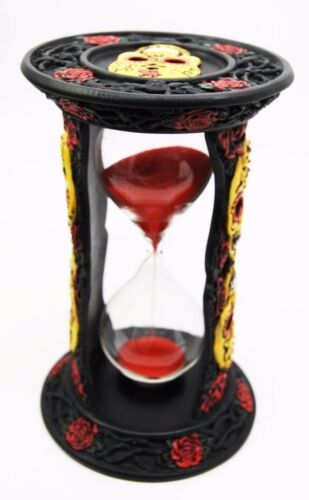 Ebros Tribal Tattoo Yellow Sugar Skulls With Red Roses Black Sand Timer 6"H