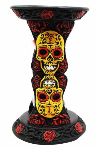 Ebros Tribal Tattoo Yellow Sugar Skulls With Red Roses Black Sand Timer 6"H