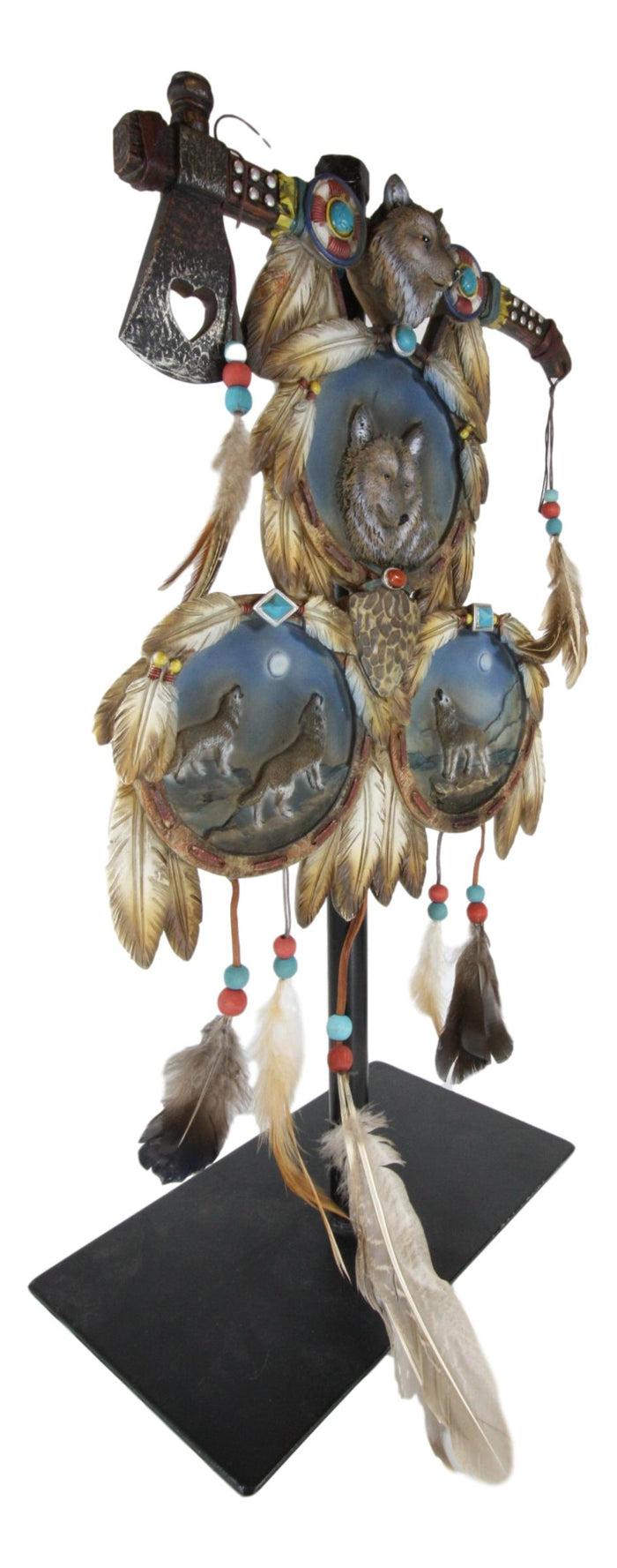 Ebros Triple Wolves Eagle Warpath Axe Dreamcatcher Beaded Lace Feathers Desktop Plaque