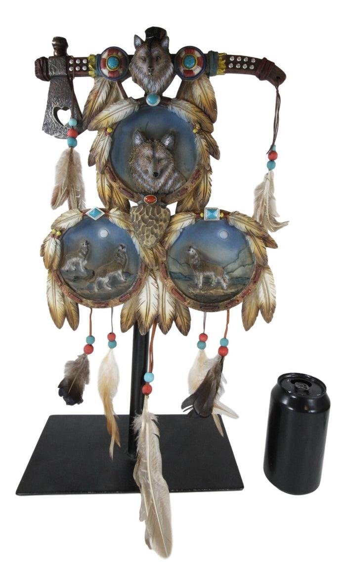 Ebros Triple Wolves Eagle Warpath Axe Dreamcatcher Beaded Lace Feathers Desktop Plaque