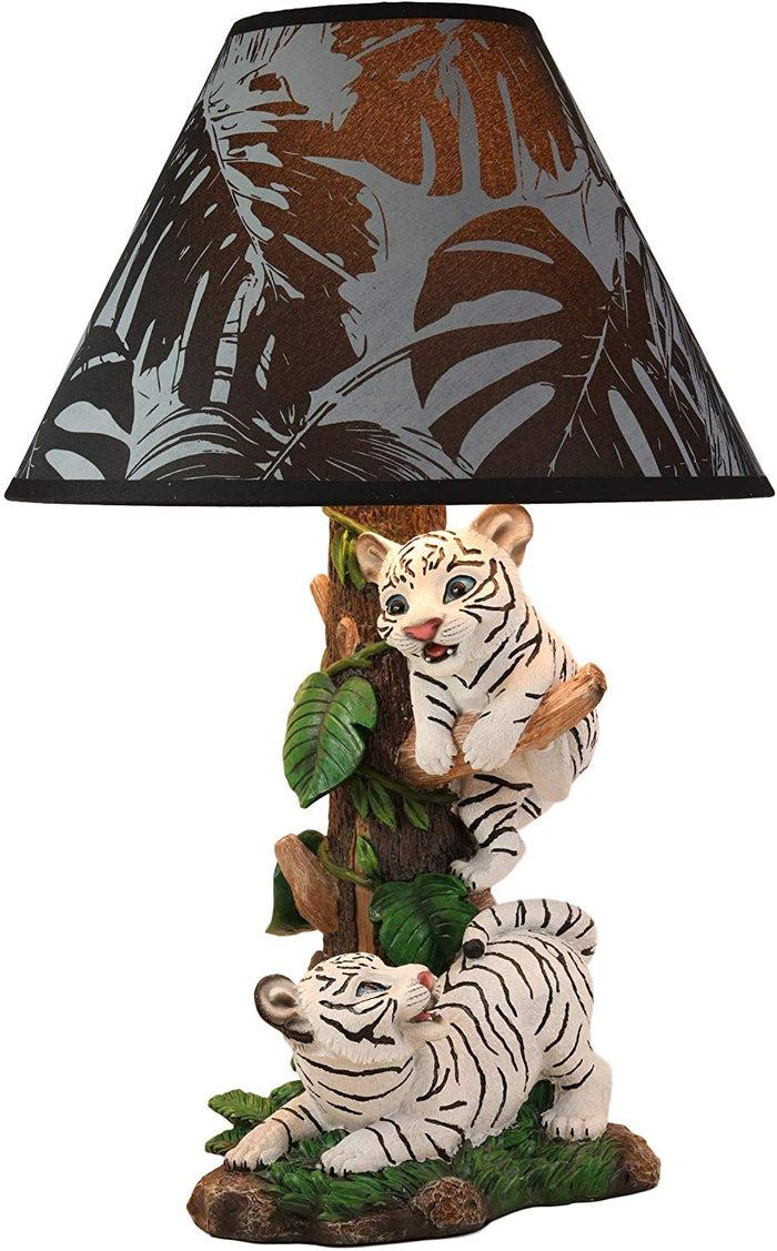Ebros Tropical Jungle Frolic Climbing Bengal Tiger Cubs Desktop Table Lamp Statue With Monstera Leaves Print Fabric Shade Tiger Home Decor Lighting Accent As Forest Large Cats (Siberian Albino White)