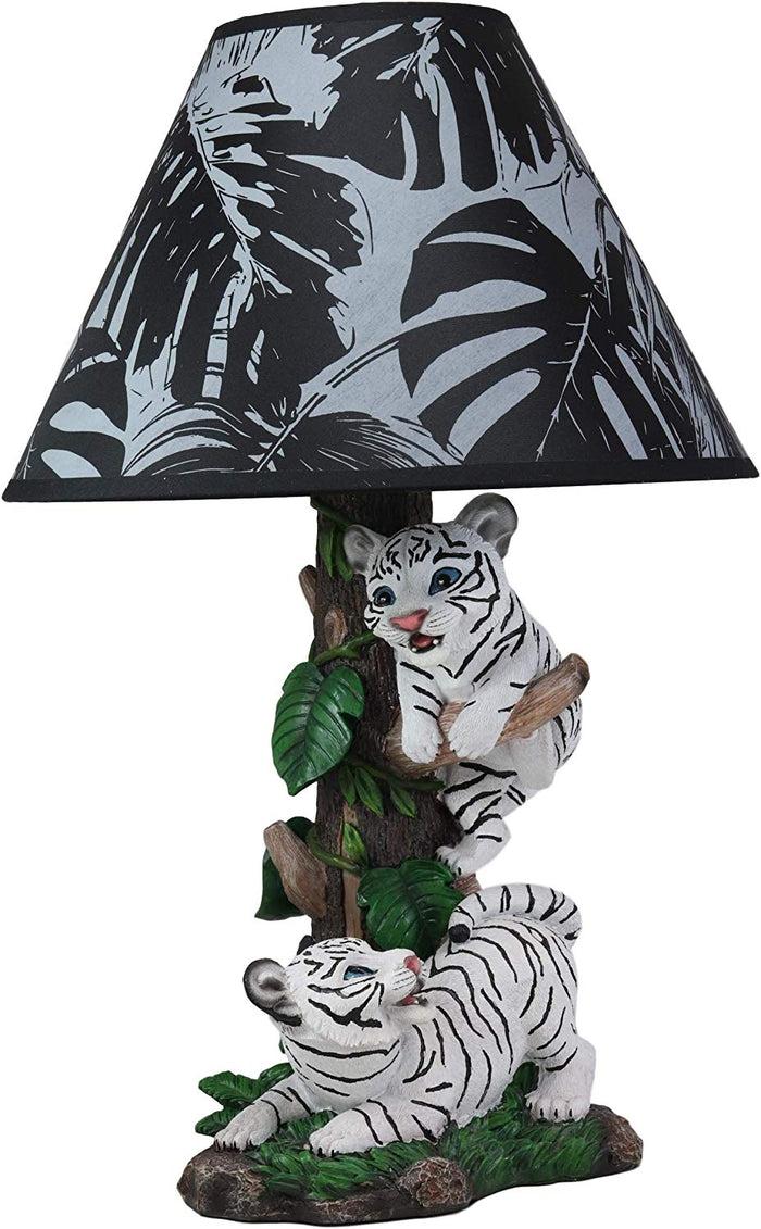 Ebros Tropical Jungle Frolic Climbing Bengal Tiger Cubs Desktop Table Lamp Statue With Monstera Leaves Print Fabric Shade Tiger Home Decor Lighting Accent As Forest Large Cats (Siberian Albino White)
