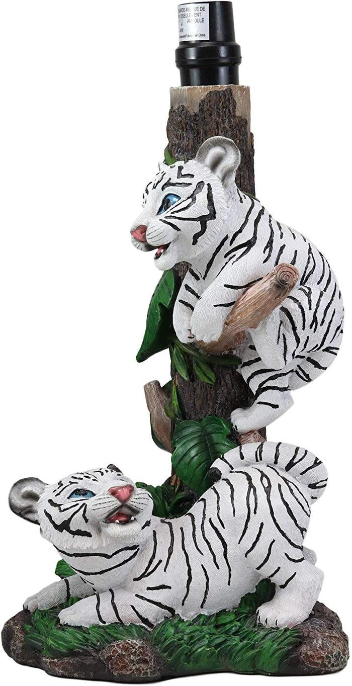 Ebros Tropical Jungle Frolic Climbing Bengal Tiger Cubs Desktop Table Lamp Statue With Monstera Leaves Print Fabric Shade Tiger Home Decor Lighting Accent As Forest Large Cats (Siberian Albino White)