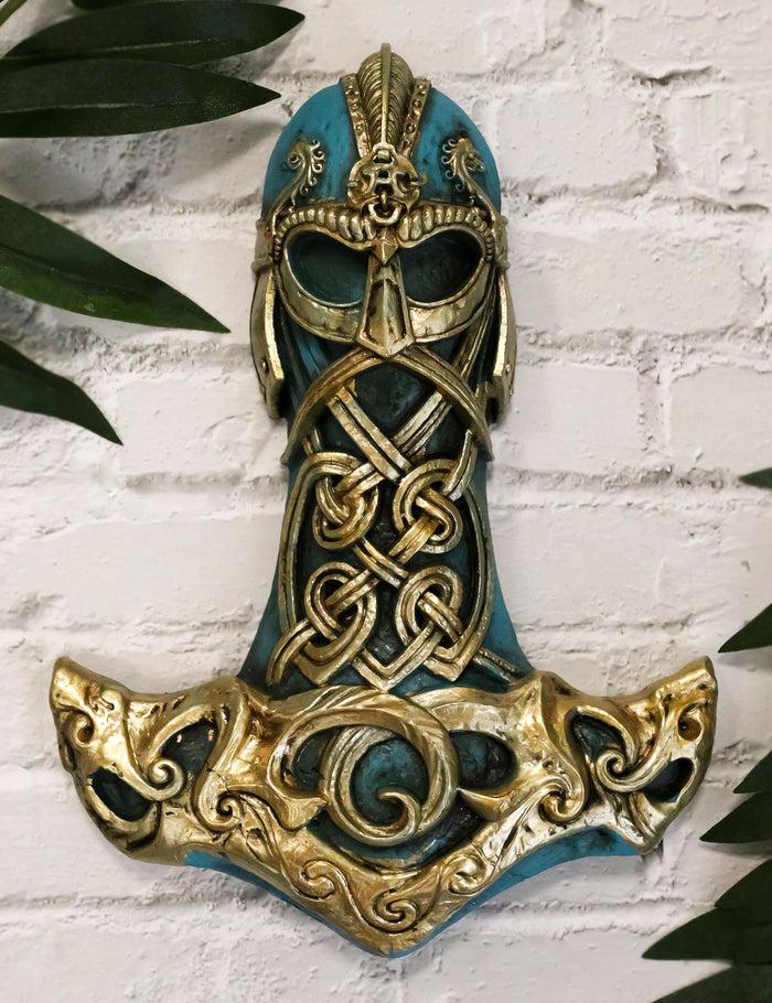 Ebros Turquoise Gold Colored Thor Hammer Viking God Thor's Mjolnir Wall Decor