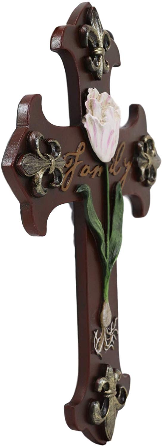Ebros Tuscan Fleur De Lis Emblems With Pink Rose Of Sharon Wall Cross Decor 10"H