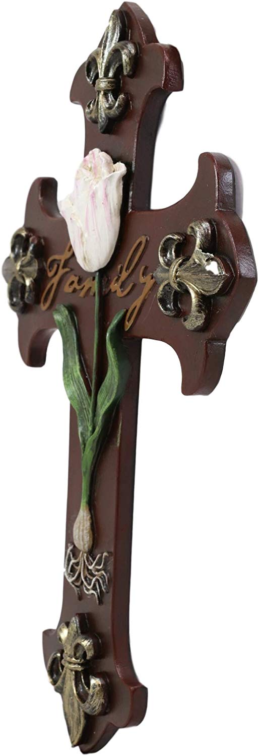 Ebros Tuscan Fleur De Lis Emblems With Pink Rose Of Sharon Wall Cross Decor 10"H