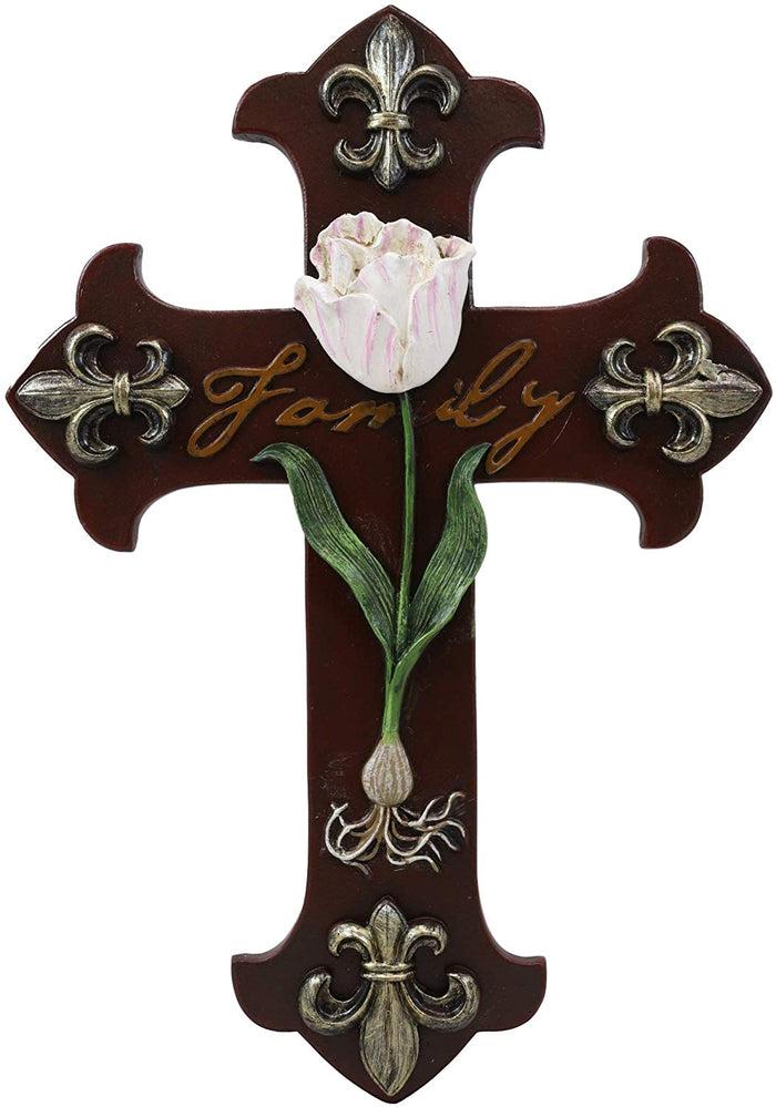 Ebros Tuscan Fleur De Lis Emblems With Pink Rose Of Sharon Wall Cross Decor 10"H