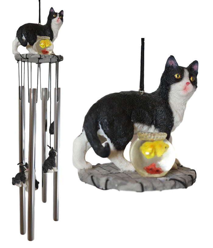 Ebros Tuxedo Black Kitty Cat With Fish Bowl Resonant Wind Chime 18.5"H Garden
