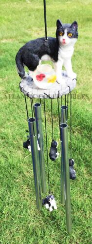 Ebros Tuxedo Black Kitty Cat With Fish Bowl Resonant Wind Chime 18.5"H Garden